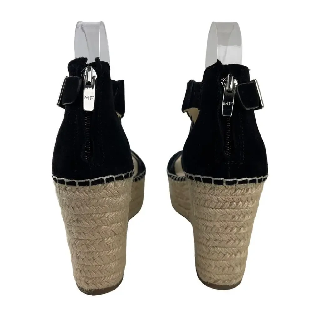 Marc Fisher Calita Black Suede Scalloped Crisscross Platform Espadrille Wedge 7M